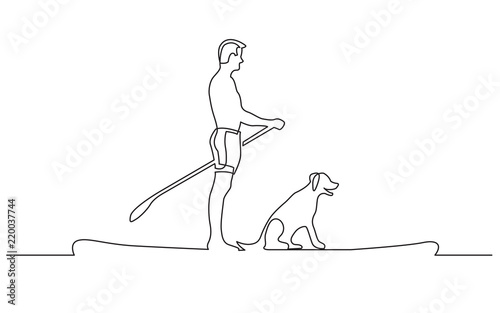 continuous line drawing of man and dog paddling on board
