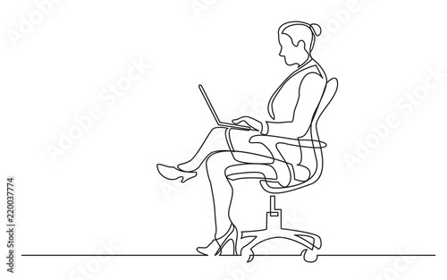 continuous line drawing of office worker sitting working on laptop computer