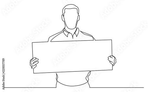 continuous line drawing of man holding blank banner
