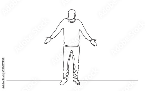 continuous line drawing of man pointing at blank banner