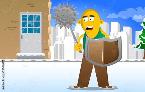 Yellow man holding a spiked mace and shield. Vector cartoon illustration.