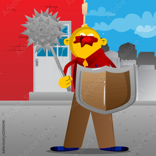Yellow man holding a spiked mace and shield. Vector cartoon illustration.