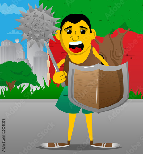 Yellow man holding a spiked mace and shield. Vector cartoon illustration.