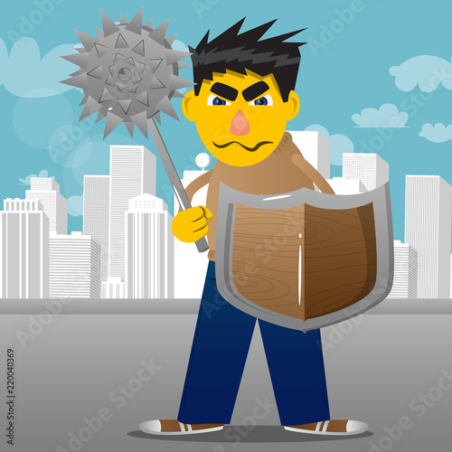 Yellow man holding a spiked mace and shield. Vector cartoon illustration.