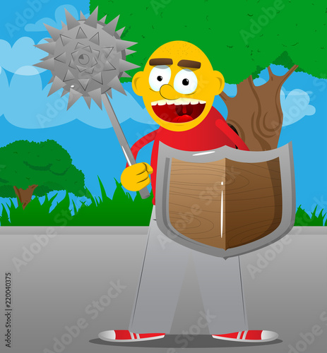 Yellow man holding a spiked mace and shield. Vector cartoon illustration.