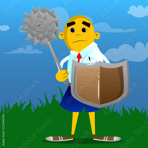 Yellow man holding a spiked mace and shield. Vector cartoon illustration.
