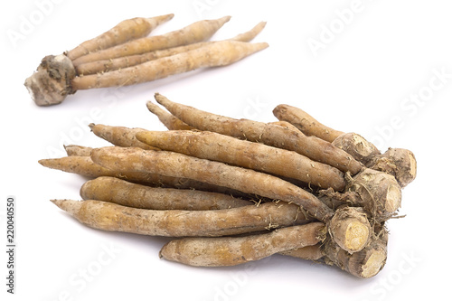 Finger root; Krachai (Boesenbergia rotunda ) on white background; thai herb