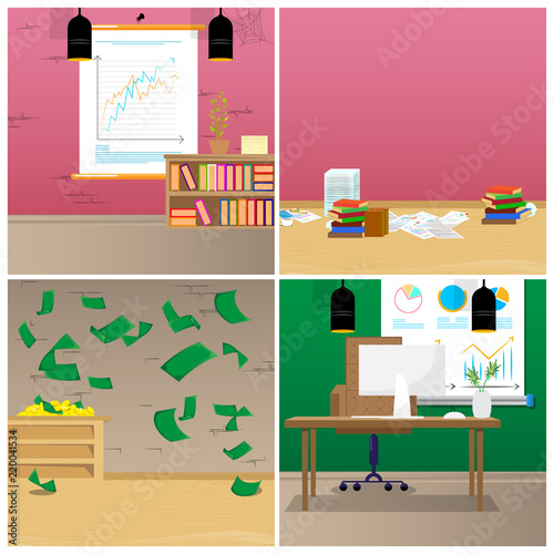 Fototapeta Naklejka Na Ścianę i Meble -  Set of modern offices with desktop, monitor, furniture and other objects. Vector illustration cartoon business building interior collection.