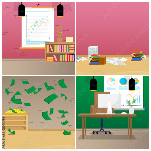 Set of modern offices with desktop, monitor, furniture and other objects. Vector illustration cartoon business building interior collection. © noravector