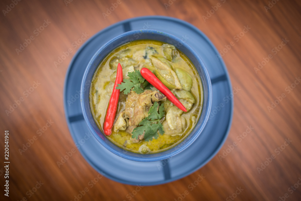 Thai food, Kaeng Khiew Hwan Kai, chicken curry with green coconut milk soup Thai food, Kaeng Khiew Hwan Kai, chicken curry with green coconut milk soup