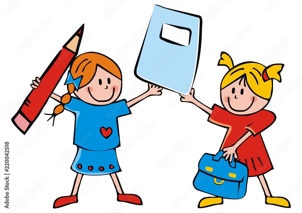 Two girls and school equipment, bag, exercise book and pen, vector icon Two girls and school equipment, bag, exercise book and pen, vector icon
