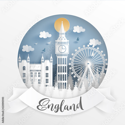 Paper cut style of world famous landmark of London, England with white frame. Travel postcard and poster, brochure, advertising Vector illustration.
