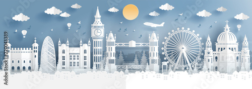 Panorama of top world famous landmark of London, England for travel poster and postcard, in paper cut style vector illustration.