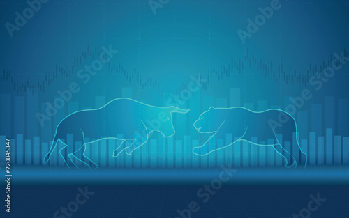 Abstract financial chart with bulls and bear in stock market on blue color background