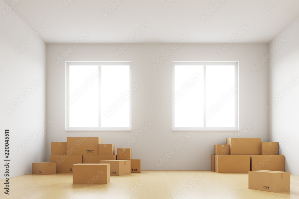 Interior with packed cardboard boxes for moving to a new place. Concept of relocation. 3d rendering