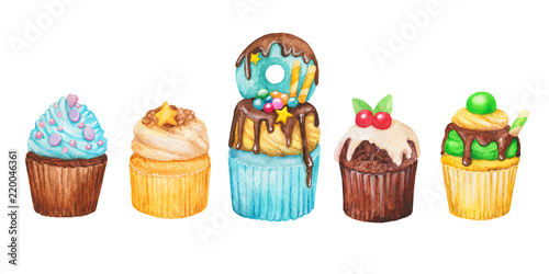 Watercolor cupcake  fairy cake isolated on a white background. Sweet delicious hand drawn bakery illustration