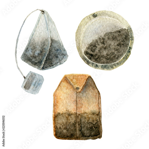 Tea bag painted with watercolor isolated on white background.