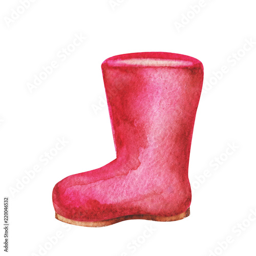 Hand drawn watercolor Illustration of red rubber boot isolated on white background. Painting for print and cards.
