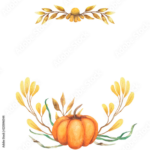 Watercolor background autumn design with pumpkin motley foliage celebration harvesting. Hand-drawn watercolor illustration.