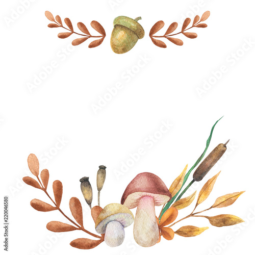 Watercolor background autumn design with mushroom motley foliage celebration harvesting. Hand-drawn watercolor illustration.
