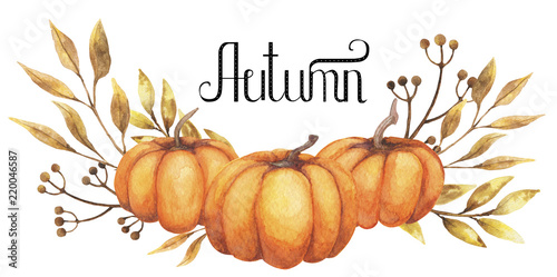 Watercolor background autumn design with pumpkin motley foliage celebration harvesting. Hand-drawn watercolor illustration.
