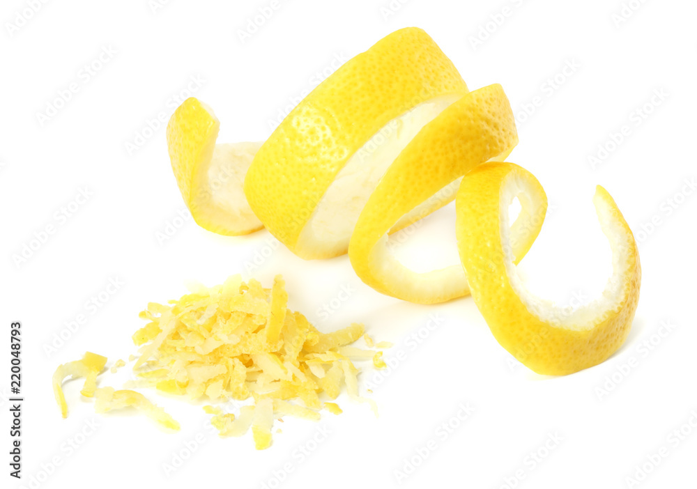 fresh lemon peel and lemon zest isolated on white background. healthy food fresh lemon peel and lemon zest isolated on white background. healthy food