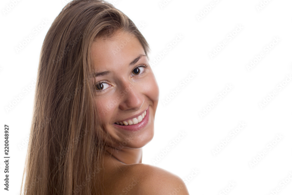 Beautiful girl with long hair and no makeup on a white background Beautiful girl with long hair and no makeup on a white background