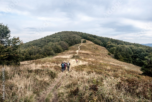 autumn Bieszczady mountains bellow Okraglik hill in Poland with mountain meadow and hill covered by forest photo