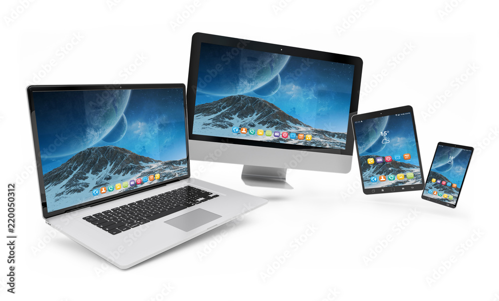 Isolated modern devices floating 3d rendering Isolated modern devices floating 3d rendering