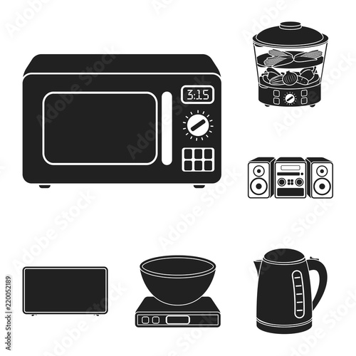 Types of household appliances black icons in set collection for design.Kitchen equipment vector symbol stock web illustration.