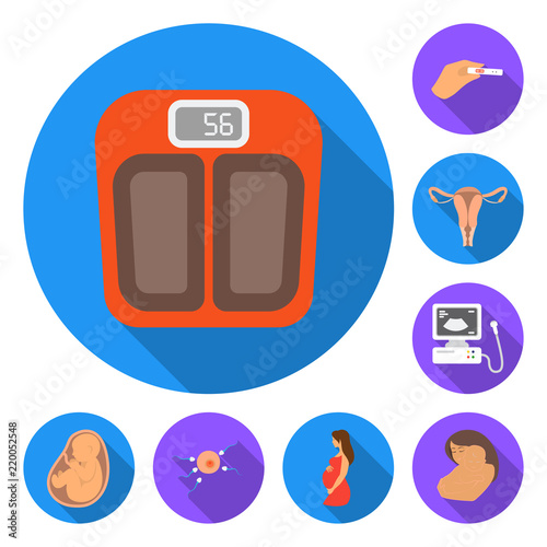 Woman and pregnancy flat icons in set collection for design. Gynecology and equipment vector symbol stock web illustration.