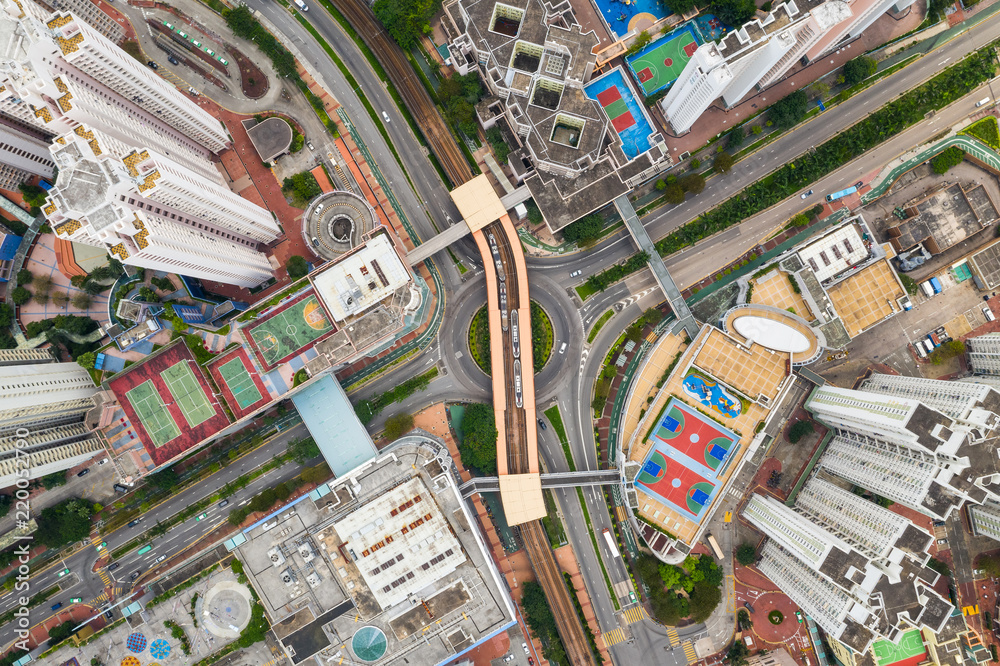 Drone fly over Hong Kong city in residential district