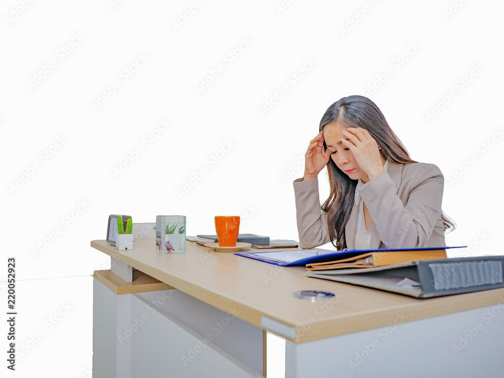 Business women thing about something very serious in her office on white background