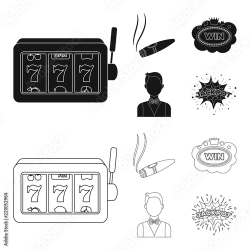 A gaming machine a one-armed bandit, a cigar with smoke, a five-star hotel sign, a dilettante in a vest. Casinos and gambling set collection icons in black,outline style vector symbol stock photo