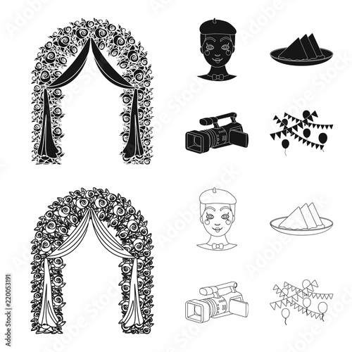 The arch is decorated with roses and silk, a clown in a cap, a plate with red napkins, a video camera. Event services set collection icons in black,outline style vector symbol stock illustration web.