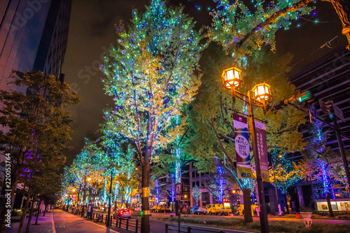 Photography Midosuji Street, Osaka, Japan with night light illumination with many color of n