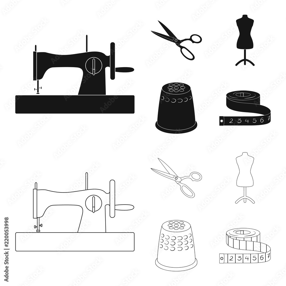 Manual sewing machine, scissors, maniken, thimble.Sewing or tailoring