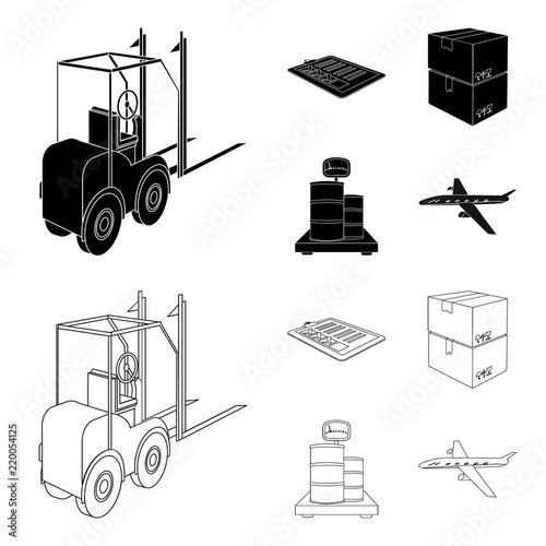 Forklift, delivery slips, packaged goods, cargo on weighing scales. Logistics and delivery set collection icons in black,outline style isometric vector symbol stock illustration web.