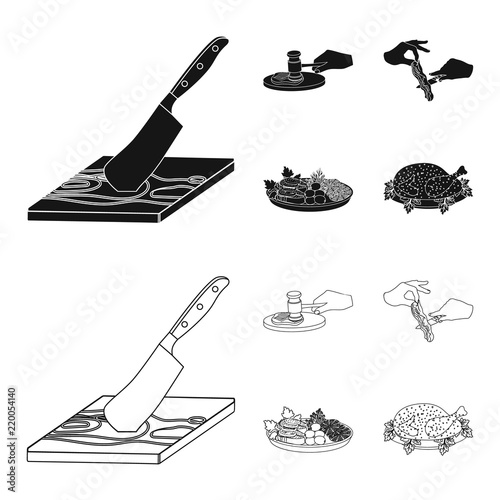 Cutlass on a cutting board, hammer for chops, cooking bacon, eating fish and vegetables. Eating and cooking set collection icons in black,outline style vector symbol stock illustration web.