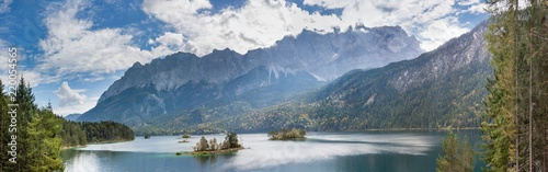 Picturesque Alpine Landscape of Eibsee lake with German Alps mountain Zugspitze on the background. Eibsee, Bavaria, Europe