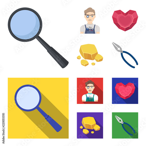 Jeweler, pliers, gold ore, garnet in the form of heart. Precious minerals and jeweler set collection icons in cartoon,flat style vector symbol stock illustration web.