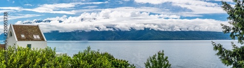 Switzerland, scenic view on Alps with fog, clouds near lake Leman