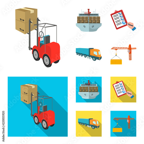 Sea freight, signature of delivery documents, truck, tower crane with a container. Logistics and delivery set collection icons in cartoon,flat style isometric vector symbol stock illustration web.