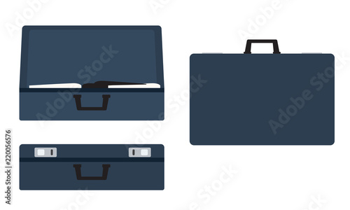 Leather suitcases set open, closed and side view positions. Flat color vector illustration.
