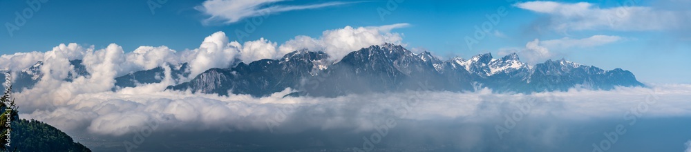 Switzerland, scenic view on alps near Montreux, with fog, clouds