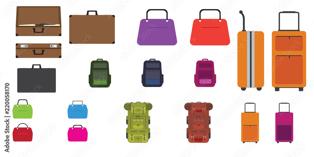 Fototapeta premium Set of bags. Travel bag, rucksack, woman bag and other bags with Flat design style. Vector illustration.
