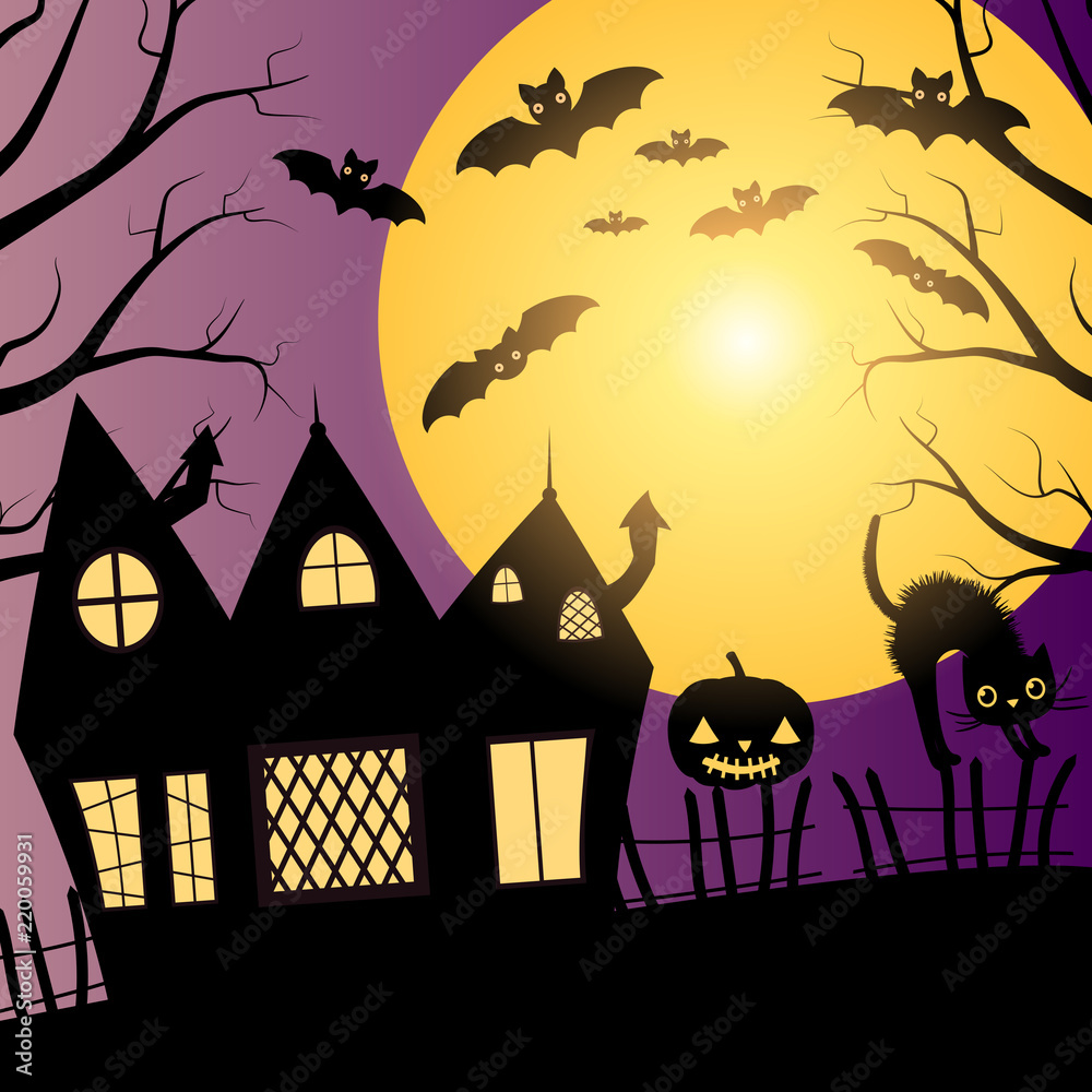 Spooky Halloween vector scene in flat style with haunted house, full moon and scary carved pumpkin and cute blacl cat on a fence