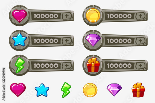 Stone cartoon game assets set. Vector elements and icons. Addition panels for game design