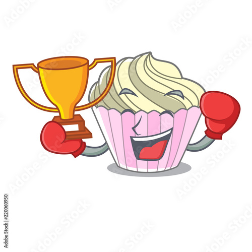 Boxing winner yummy meringue cake on mascot cartoon