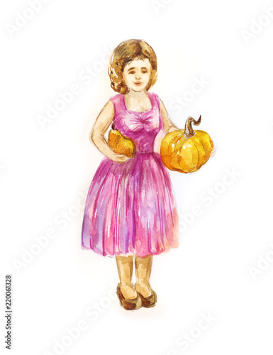 woman gardener with two small pumpkins in her hands. Harvesting season. Autumn watercolor illustration